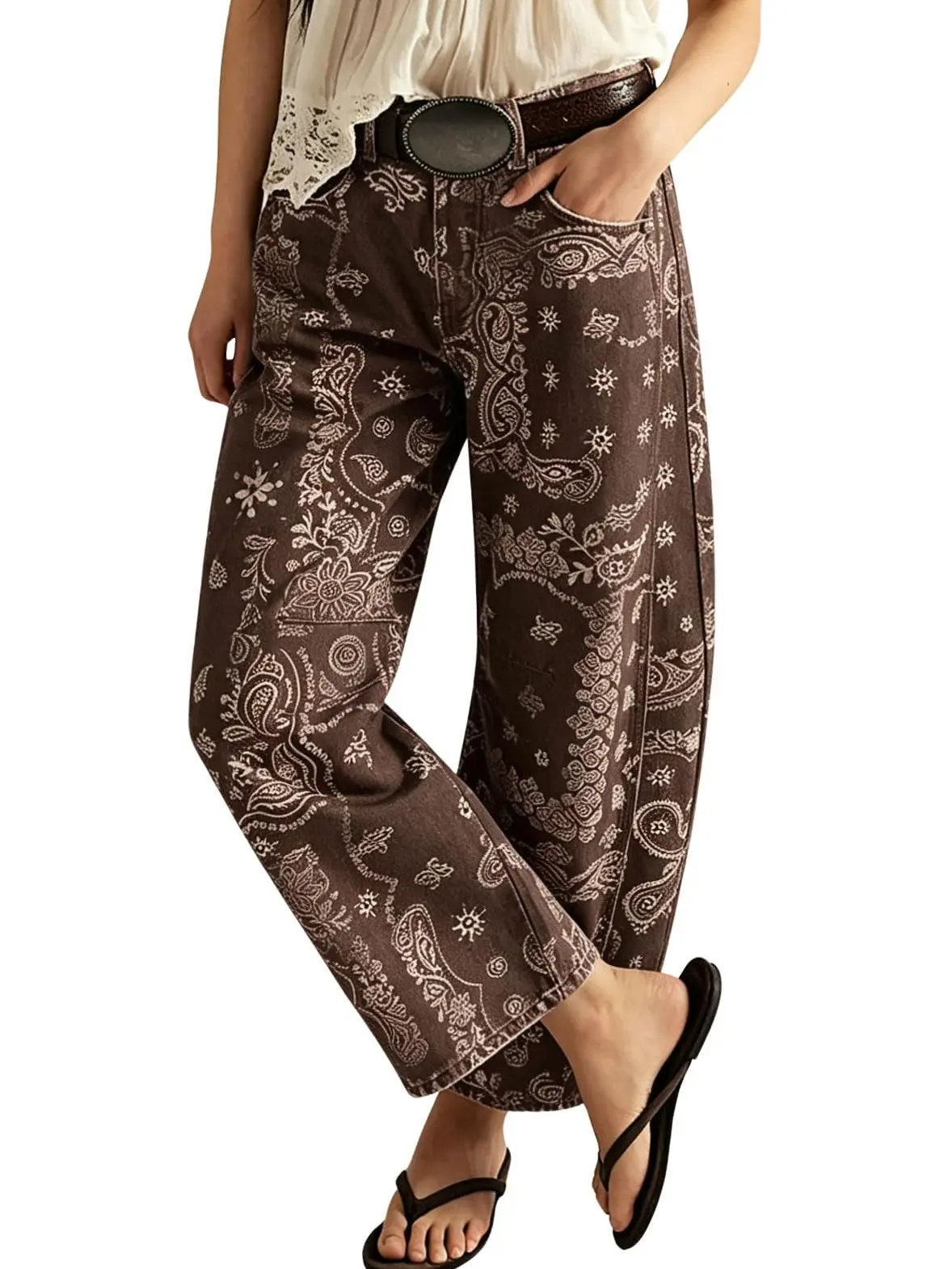 CHOUYATOU Women's Printed Wide-Leg Jeans Y2k Loose Mid-Rise Jeans in Soft Pink with Boho Floral Pattern Casual Denim Trousers