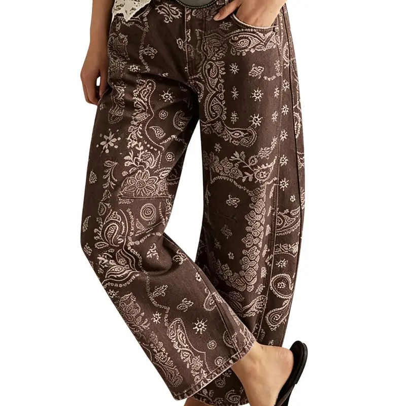 CHOUYATOU Women's Printed Wide-Leg Jeans Y2k Loose Mid-Rise Jeans in Soft Pink with Boho Floral Pattern Casual Denim Trousers