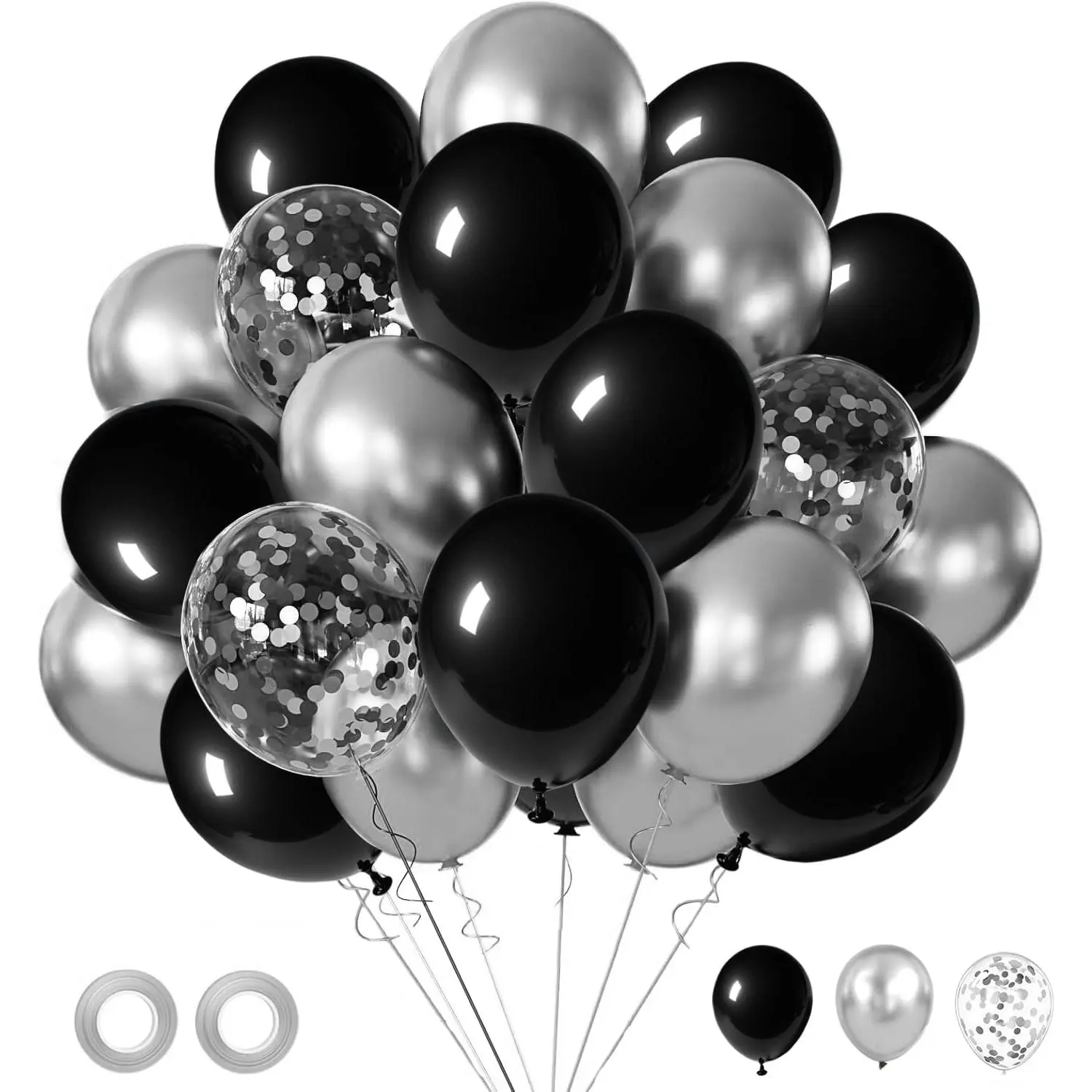 Metallic Black Silver Confetti Latex Balloons Set, 50pcs 12-in Round Self-Sealing Balloon Decorations Kit for Adult Celebrations, Festive Party Supplies