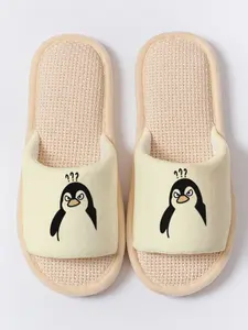 Soft Cute Penguin Print Toe-Open Slippers, All Season Non-Slip Breathable Home Floor Shoes, Medium Width Eva Sole
