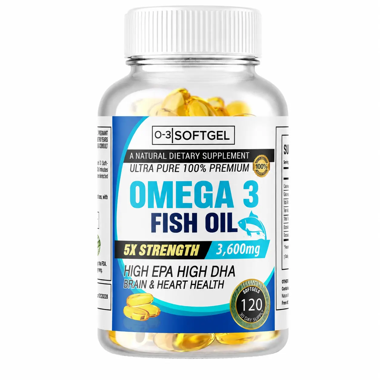 5x Strength EPA & DHA Omega 3 Fish Oil 3600mg, Highest Potency, 120 Softgels USA