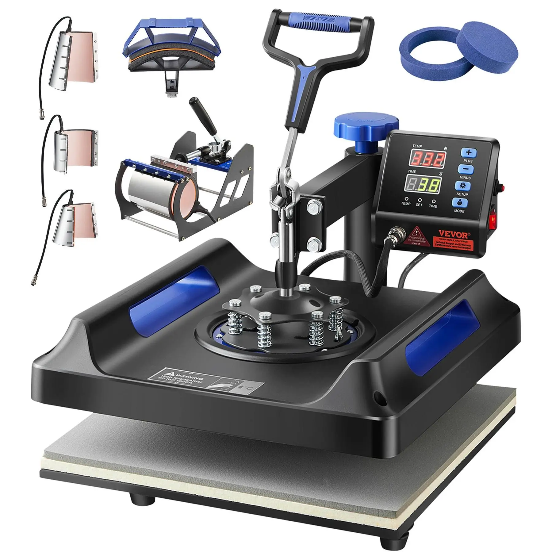 【toolupgrade】VEVOR 8-in-1 Combo Heat Transfer Machine, 15x15 in Swing-Away Digital Control, Sublimation Printer for Custom T-Shirt, Hat, Cap Craft Projects (Blue)