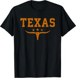 Distressed Texas Apparel Retro Longhorn Bull Summer Casual Shortsleeve Cotton T-Shirt