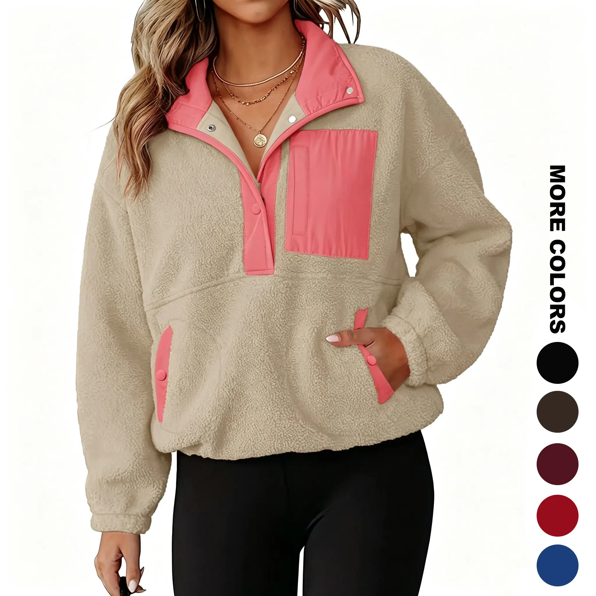 Renaishow Women's Collared Long Sleeve Soft Fuzzy Fleece Pullover Coat - Sweatshirt Style with Pockets, with Snap Buttons, Fitted Design Top for Fall Winter Casual Travel,sohochic