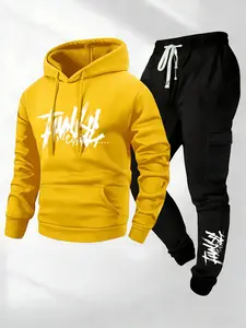 Men's Hooded Sweatshirt and Jogger Pants Set – Printed Sweatshirt, Black Casual Sports Wear for Autumn/Winter, Long Sleeve, Comfortable to Wear. Regular Fit, Casual Sports Wear | Elastic Fabric.