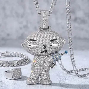 Men's Giant 9.5cm Bling Rhinestone Cartoon Baby Pendant Necklace, Silver Tone 3D Sci-Fi Ray Gun Boy Charm, Full CZ Paved Hip Hop Streetwear Figure Jewelry Accessory, Includes Standard 4mm Rope Chain