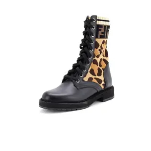 Pre-owned Fendi Women's Rockoko Combat Boots Leather with Knit Stretch Fabric and Zucca Trim by Rebag
