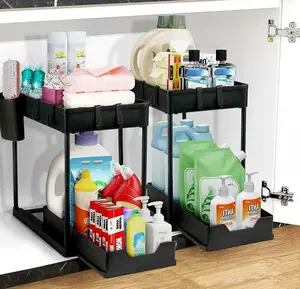Kitchen Under Sink Organizer Single & 2 Pack, 2 Tier Cabinet Storage Rack with Sliding Only Bottom Drawer & Fixed Top Shelf, Equipped With Side Hooks & Hanging Baskets, No Tool Easy Assembly Space Saver for Kitchen Bathroom Pantry Laundry