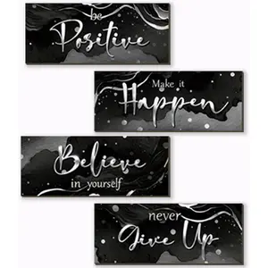 4 Piece Black And Silver Bathroom Decor Motivational Silver Wall Art Abstract Women’s Office Decor Inspirational Wooden Signs Black Bathroom Accessories for Home Bedroom Office 10X4 Inch