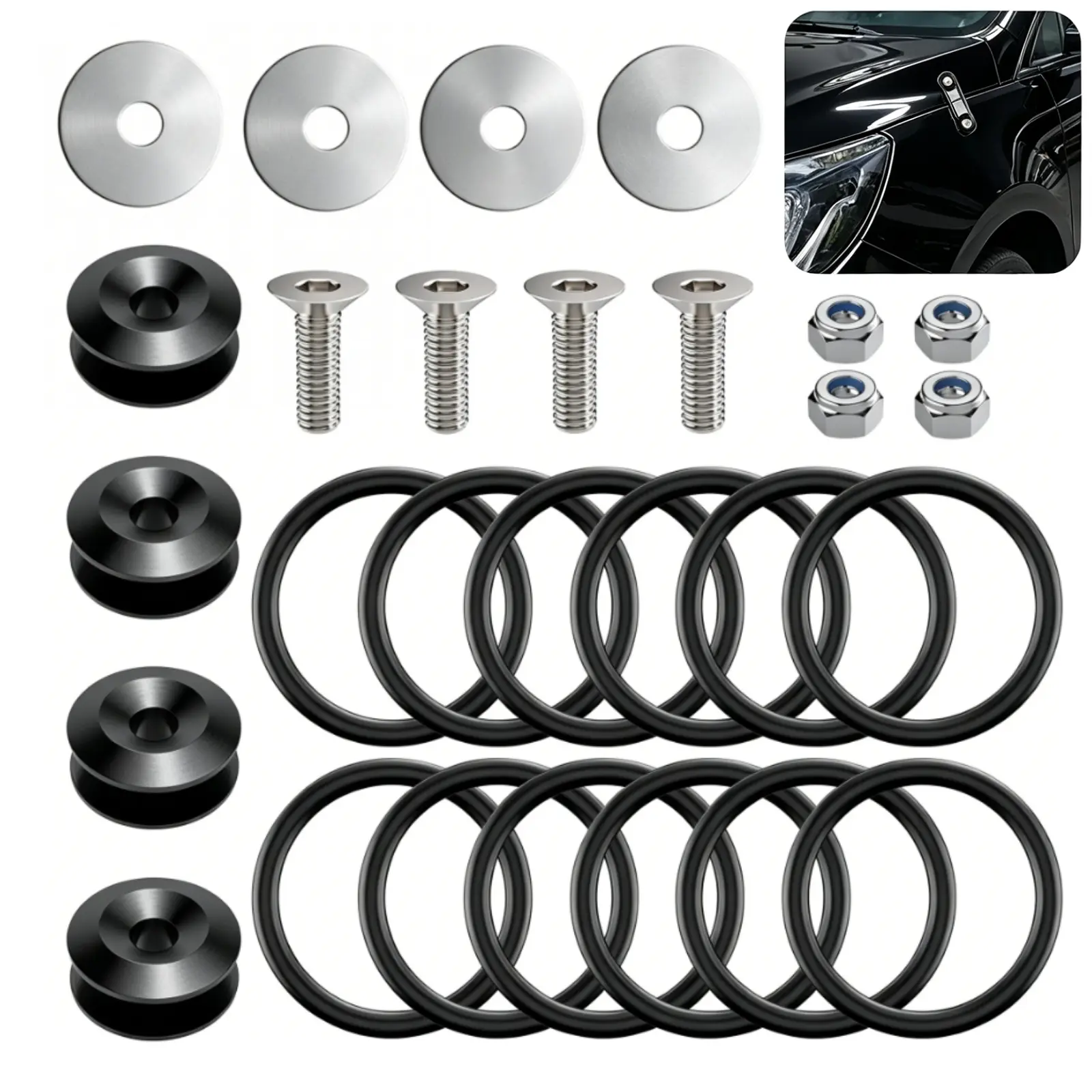 Universal Bumper Clips Kit, 28 Front Rear Bumper Quick Release Kit, Bumper Holders for Cars (4 Black Bumper Quick Release Tabs and 12 Customized O-Rings)
