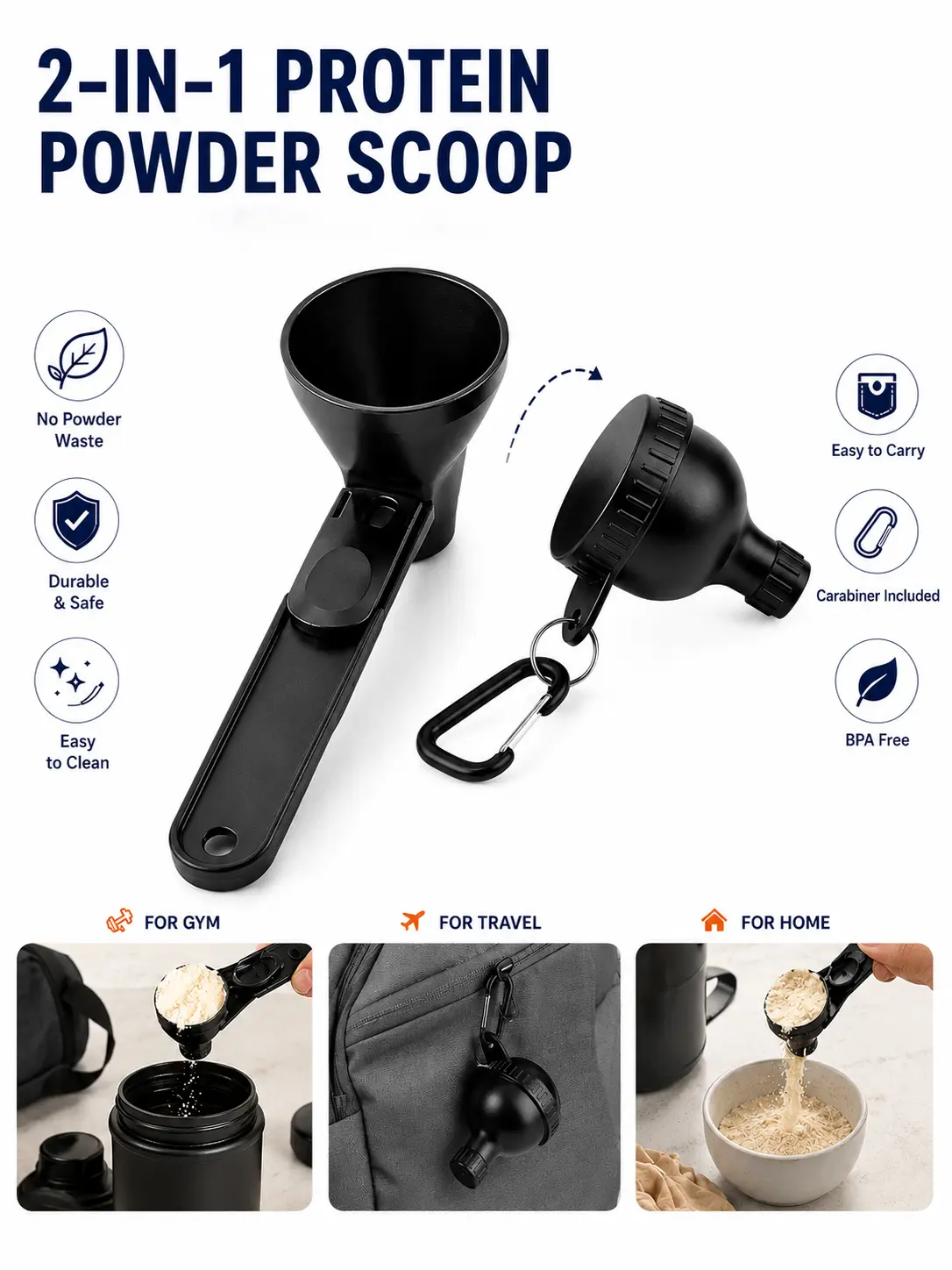 Portable Lightweight Food Grade Protein Funnel Scoop - Anti-Spill, Measures Dry Powder Tool for Household Kitchen Storage & Daily Use