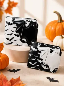 Bat Print Bi-fold Short Wallet, Unisex Gothic Halloween PU Leather Wallet, Coin Zipper, Card Slots, Photo Slot, Fashion Accessory