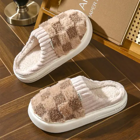 Women's Fluffy House Slippers - Knit Cotton Slip-On Slides with Faux Fur Lined Memory Foam, Anti-Slip Rubber Sole, Hand Washable Warm Fur Indoor Footwear for Mom, Bedroom Use