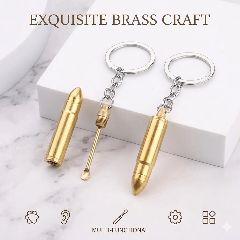 Brass Bullet Ear Pick Keychain Portable Ear Wax Removal Tool Waterproof Metal Storage Capsule Multipurpose Mini Ear Scoop Pendant Key Ring Creative Retro Gift Gadgets for Men Women Outdoor Travel Carry-on EDC Tools