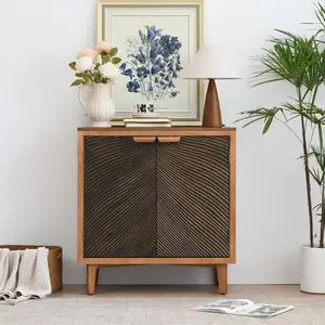 Mid-Century Modern Carved Wood Accent Cabinet – 2-Door Vintage Textured Sideboard with Storage, Natural Brown Credenza, Modern Farmhouse Storage Cabinet for Living Room, Entryway, or Hallway