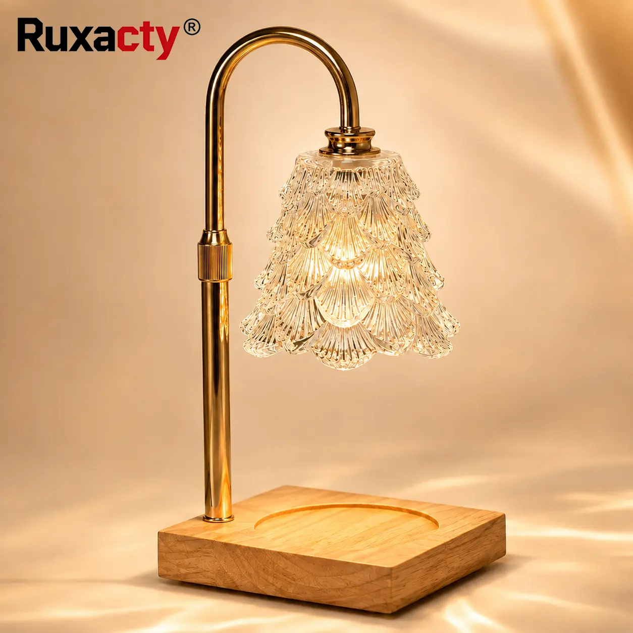 RUXACTY Candle Warmer Lamp with Timer & Dimmer, Adjustable Height Electric Candle Lamp Warmer for Scented Jar Candles, Flameless Wax Warmer with Glass Shade & Square Wooden Base, 1 Bulb Included, Bedroom Living Room Home Decor Gift