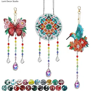 Dqwtb 3pcs Hangable Diamond Art Set - Double-Sided DIY Diamond Painting Metal Ornaments with Crystal Prisms, Butterfly, Hummingbird, Mandala, Sun Wind Chimes for Home Artwork Decoration