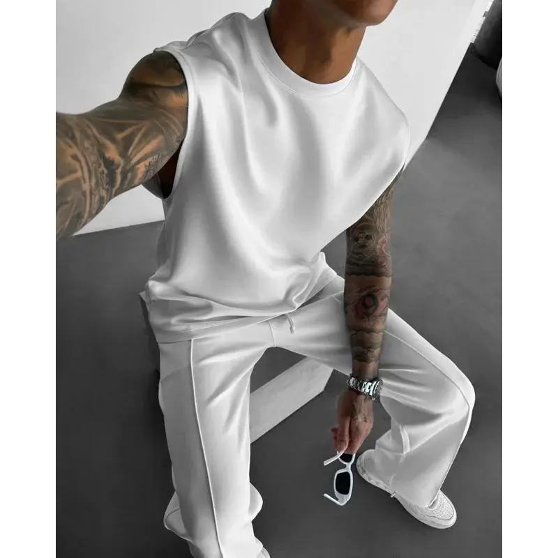 Male 2-Piece Athleisure Set - 2025 Summer Solid Color Outfit, Sleeveless Vest, Elastic Waistband Polyester Blend Sports Trousers, Casual Activewear