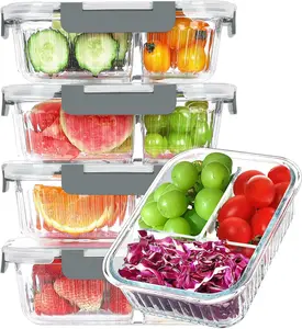 5-Pack Glass Meal Prep Containers with Lids – 3-Compartment, 36 oz Airtight Food Storage Lunch Boxes, Microwave & Dishwasher Safe (Gray)