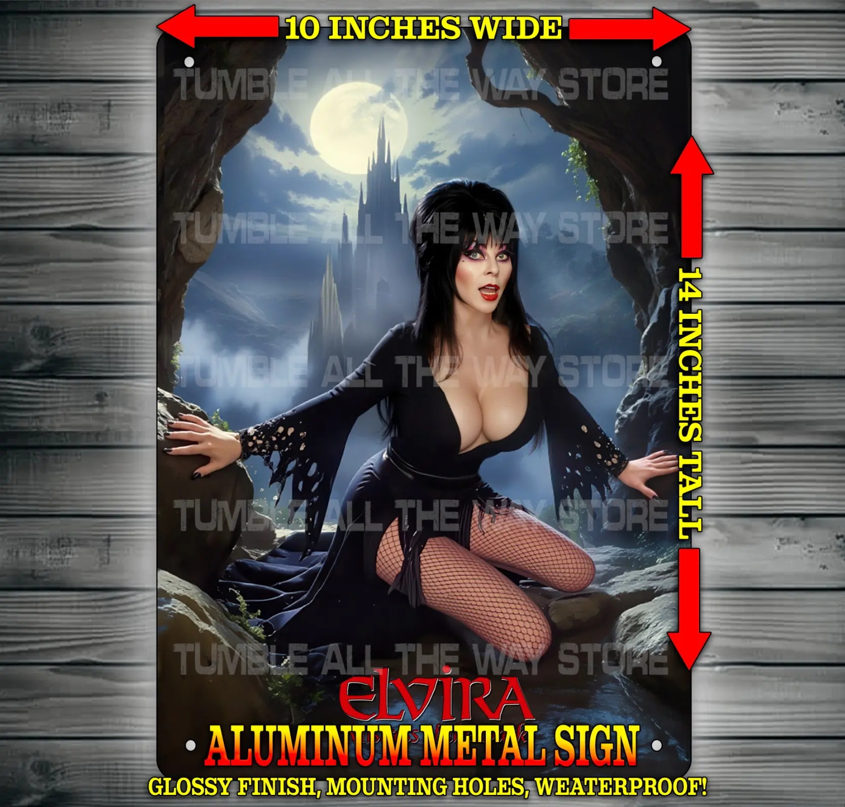 Elvira Mistress of the Dark with Castle Background Glossy Metal Sign Wall Art 10x14" Made from Aluminum, Comes with Mounting Holes, Weatherproof!