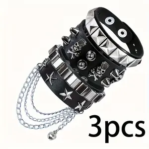 3pcs Punk Rock Rivet Bracelets, Adjustable Spiked Leather Cuffs, Vintage Emo Style, PU Leather, Unisex Fashion Wristbands, Suitable for Daily Wear and Gifts