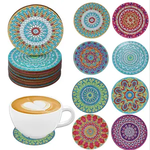 Floral Pattern Diamond Arts Colorful Painting Coaster, 8 Counts/set DIY Decorative Coaster for Home Kitchen Office Desk, Desk Accessories, Diamond Painting Coasters, Wooden Coasters
