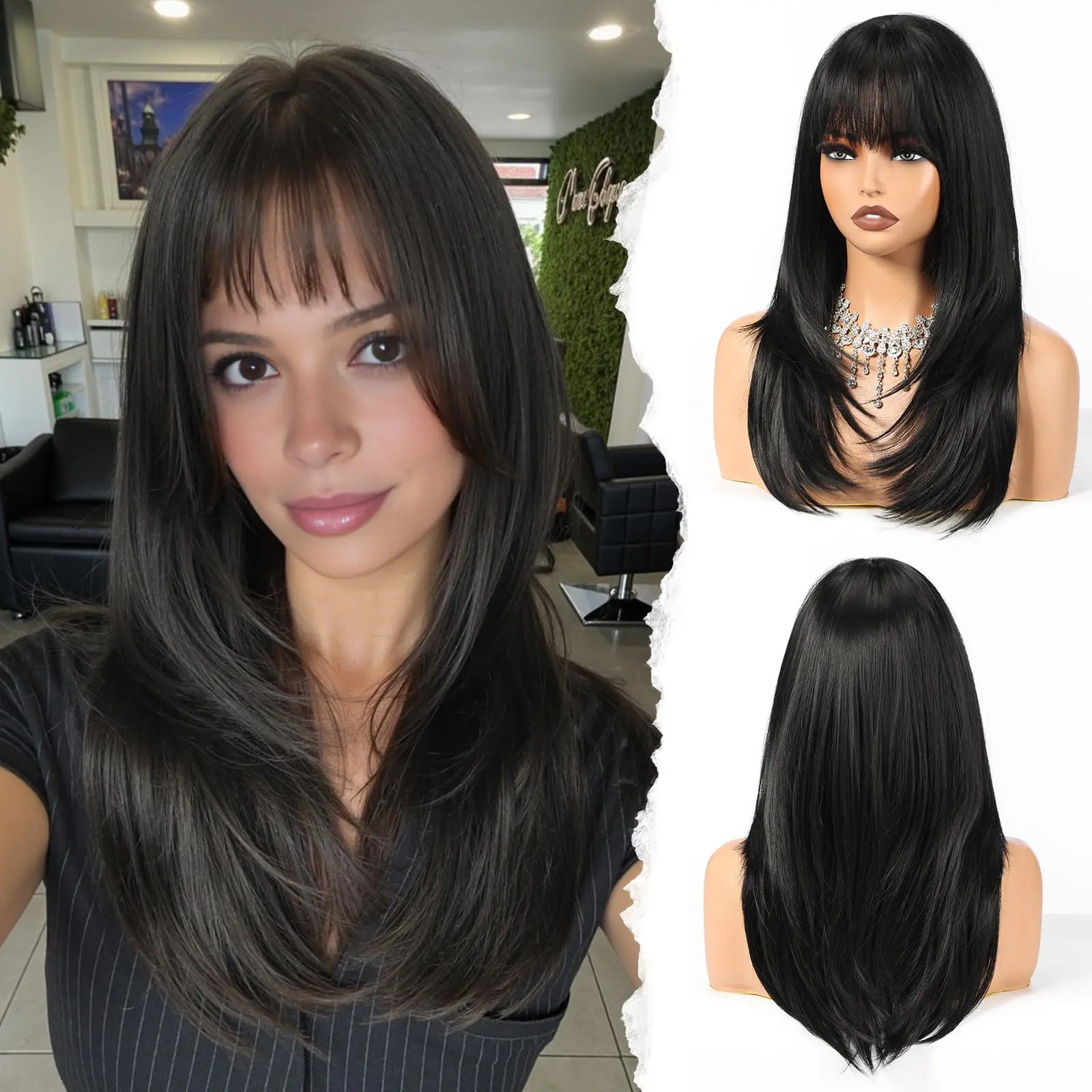 Long Straight Layered Wig with Bangs Heat Resistant Fiber Daily Natural Looking Blonde Long Layered Wig with Bangs,Straight Hair Wigs for  main image 4
