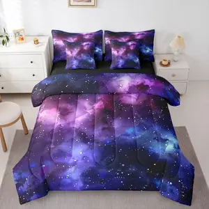 Universe Space Comforter Set,Galaxy Bed in A Bag 7 Pieces Purple Blue Starry Sky Bed Set,Room Decor Outer Space Nebula Bedding with Sheets