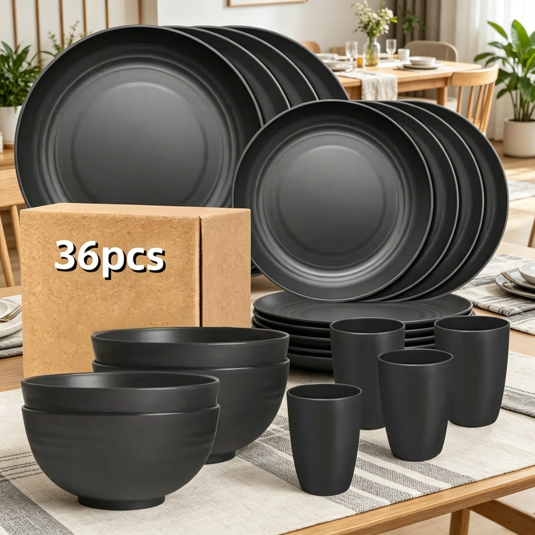 36pcs Plate and Bowl Set, Wheat Straw Tableware Sets, Matte Black Durable Unbreakable Plateset, Plastic-Free Eco-Friendly Reusable Kitchen Supplies for Home & Outdoor Use