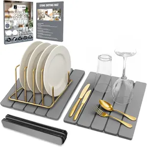 Large Foldable Stone Dish Drying Mat – Diatomaceous Earth, 2 Pack (12"x16" Each) or 24"x16" Combined – Fast Dry, Anti-Slip Pad, Sanding Tool & Instruction Manual for and, Dark Gray