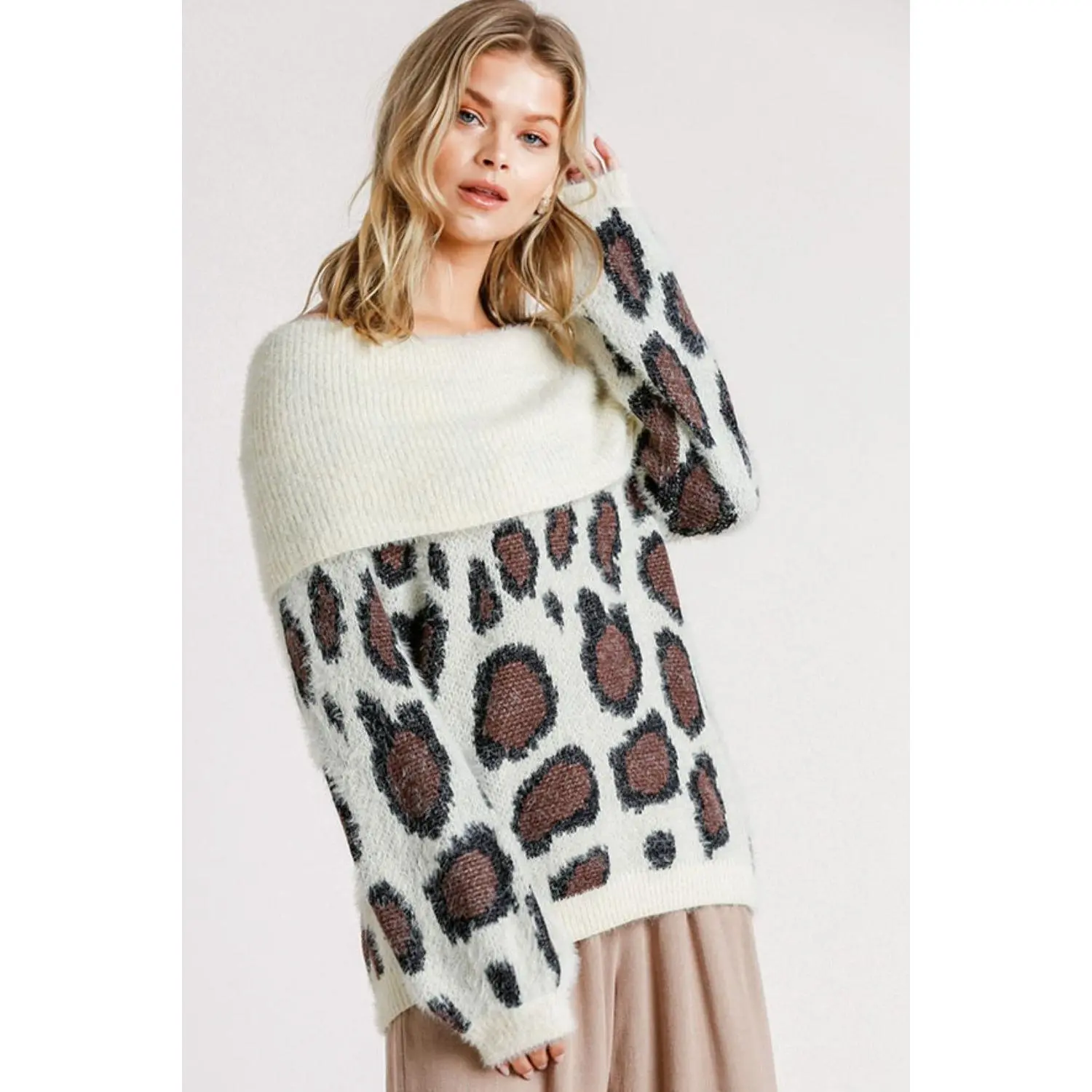 Umgee Full Size Leopard Off-Shoulder Long Sleeve Sweater Plus Size
