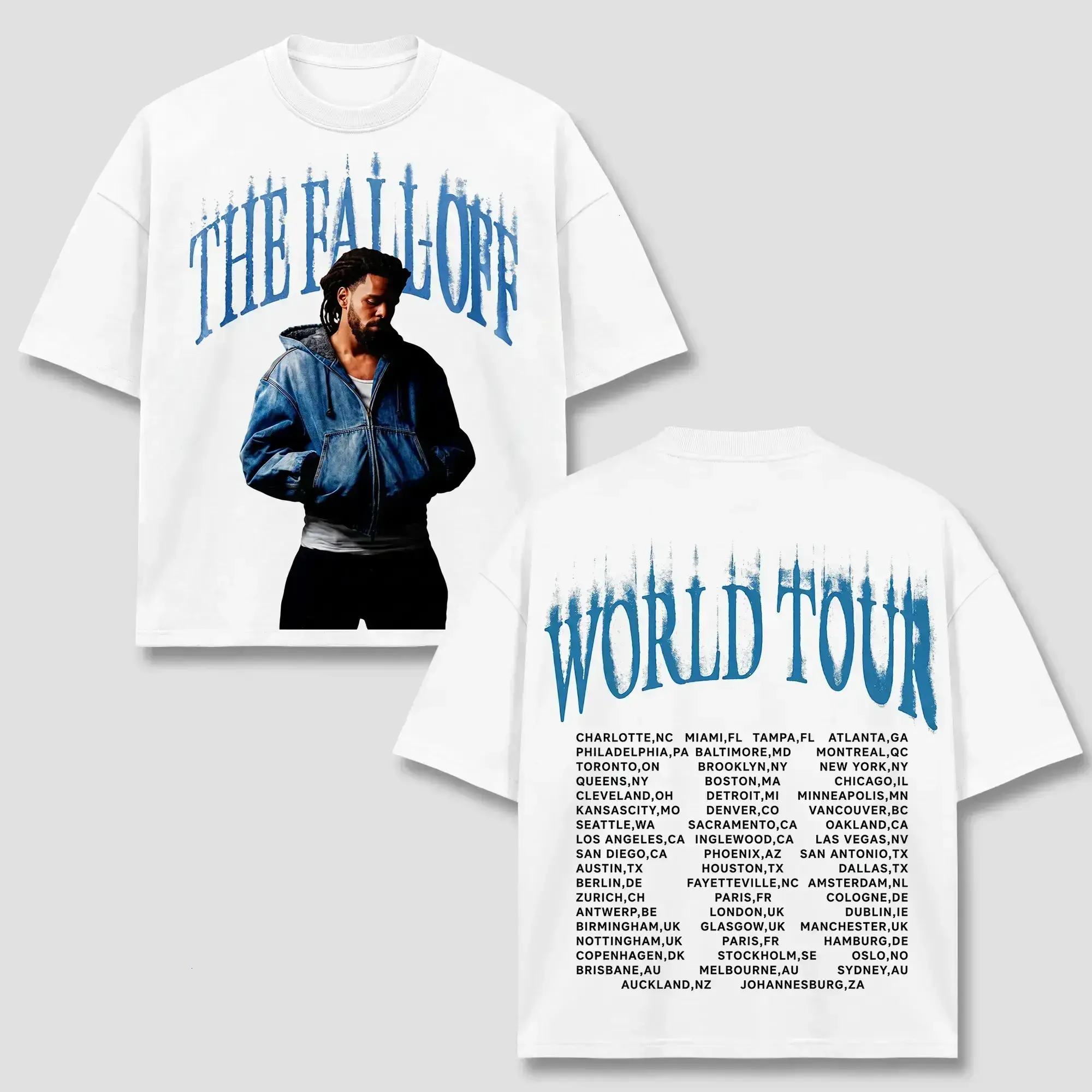 [FREE SHIP] J. Cole T-Shirt, J Cole World The Fall Off World Tour Merch, Hip Hop Rap Concert Tee, Blue Dripping Text Graphic, Global Stadium Dates List, Dreamville Aesthetic White Tee, Heavyweight Vintage Cotton Top