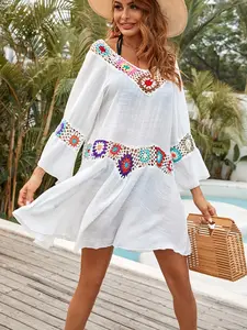 Women's Regular Fit Colorblock Crochet Flounce Sleeve V Neck Cover Up Dress, Beach Cover Ups, Summer Clothes Women, Boho Style 3/4 Sleeve Sheer Dress For Summer, Women's Clothing For Women Beach Vacation, Beach Outdoor Wear