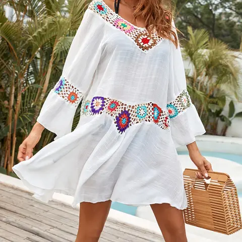 Women's Regular Fit Colorblock Crochet Flounce Sleeve V Neck Cover Up Dress, Beach Cover Ups, Summer Clothes Women, Boho Style 3/4 Sleeve Sheer Dress For Summer, Women's Clothing For Women Beach Vacation, Beach Outdoor Wear, Crochet Coverups