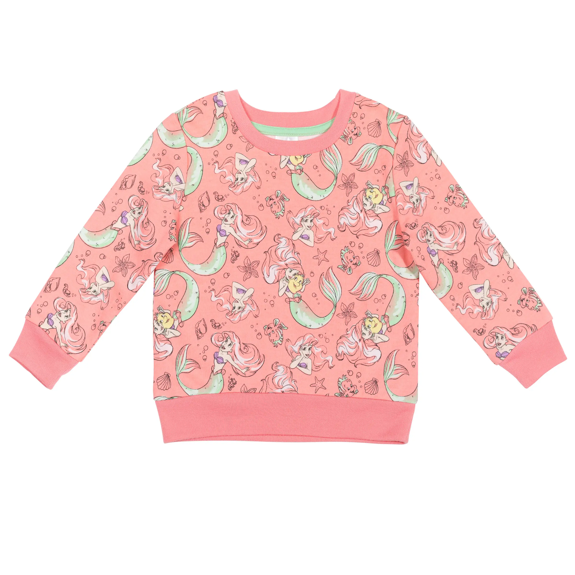 Disney The Little Mermaid Girls' Long-Sleeve French Terry Pullover Sweatshirt - Long Sleeve Shirt, Mermaid Print, Soft Fabric, Loungewear, Casual Wear for 3T, 4T, 10-11 Years Old Kids, Back To School Haul, Cartoon Print Sweater, Allover Print