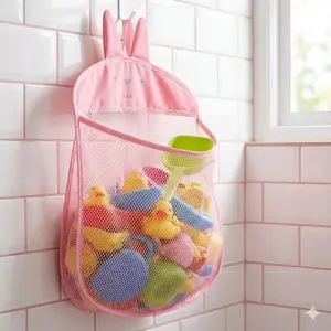 Foldable Waterproof Hanging Bathtub Toy Storage Net, No Drill Portable Design, Large Capacity Kids Bath Toy Organizer, Bathroom Storage Basket, Bath Storage Bag