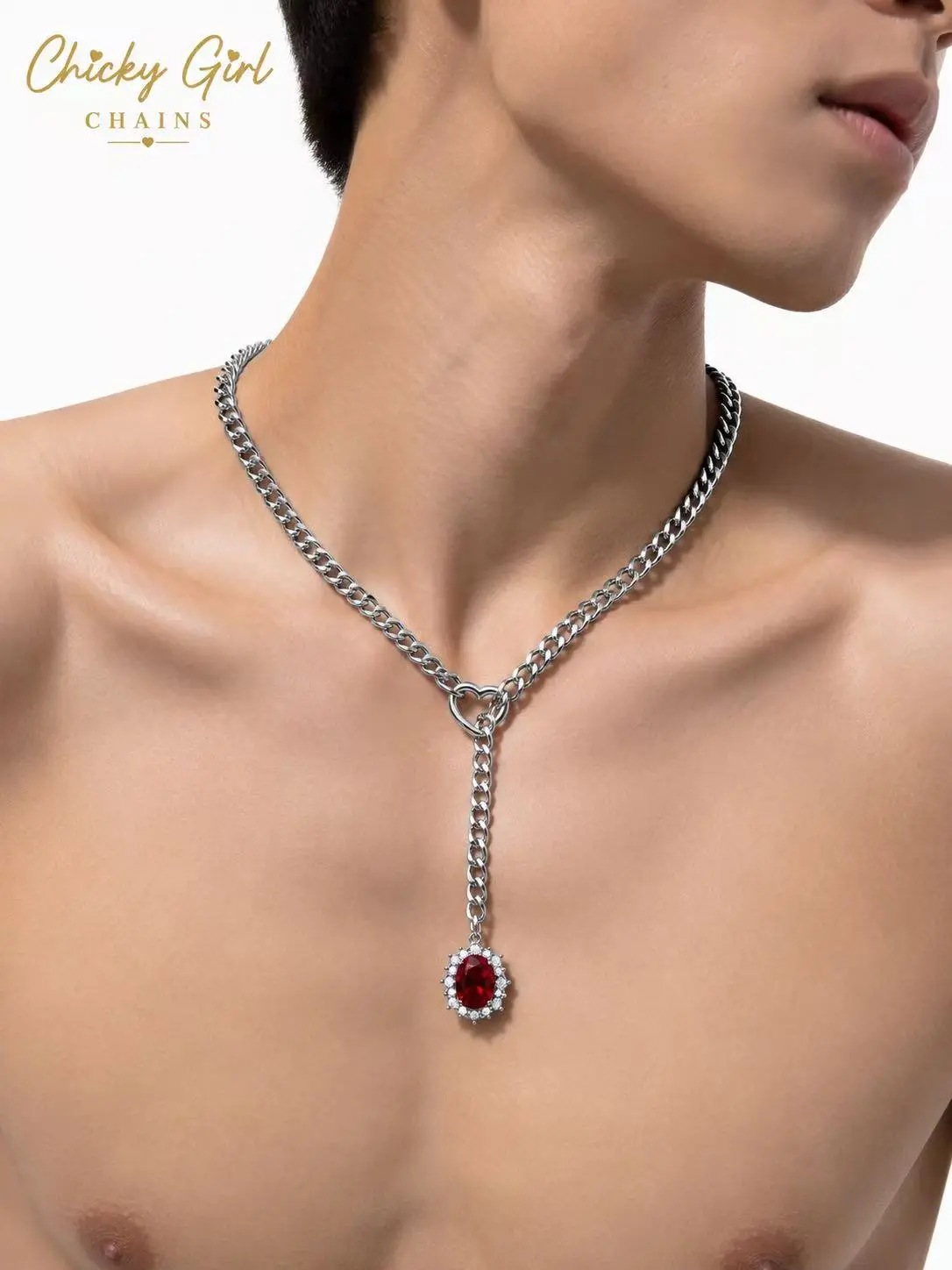 Sliver Red Gem 60cm/23.6'' Altfashion Pull Chain Necklace for Alternative Women & Men, Gothic-Inspired Daily Collar with Oval Gem Detail, Thick Adjustable Chain Jewelry for Couples, Girlfriend & Boyfriend, Durable Fashion Statement Necklace