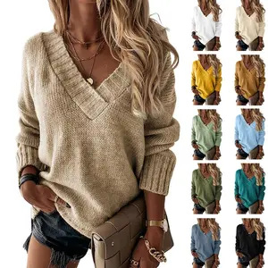 PASLTER Womens Loose Sweaters Sexy V Neck Long Sleeve Solid Knitted Jumper Pullover Sweatshirt Tops B9N647