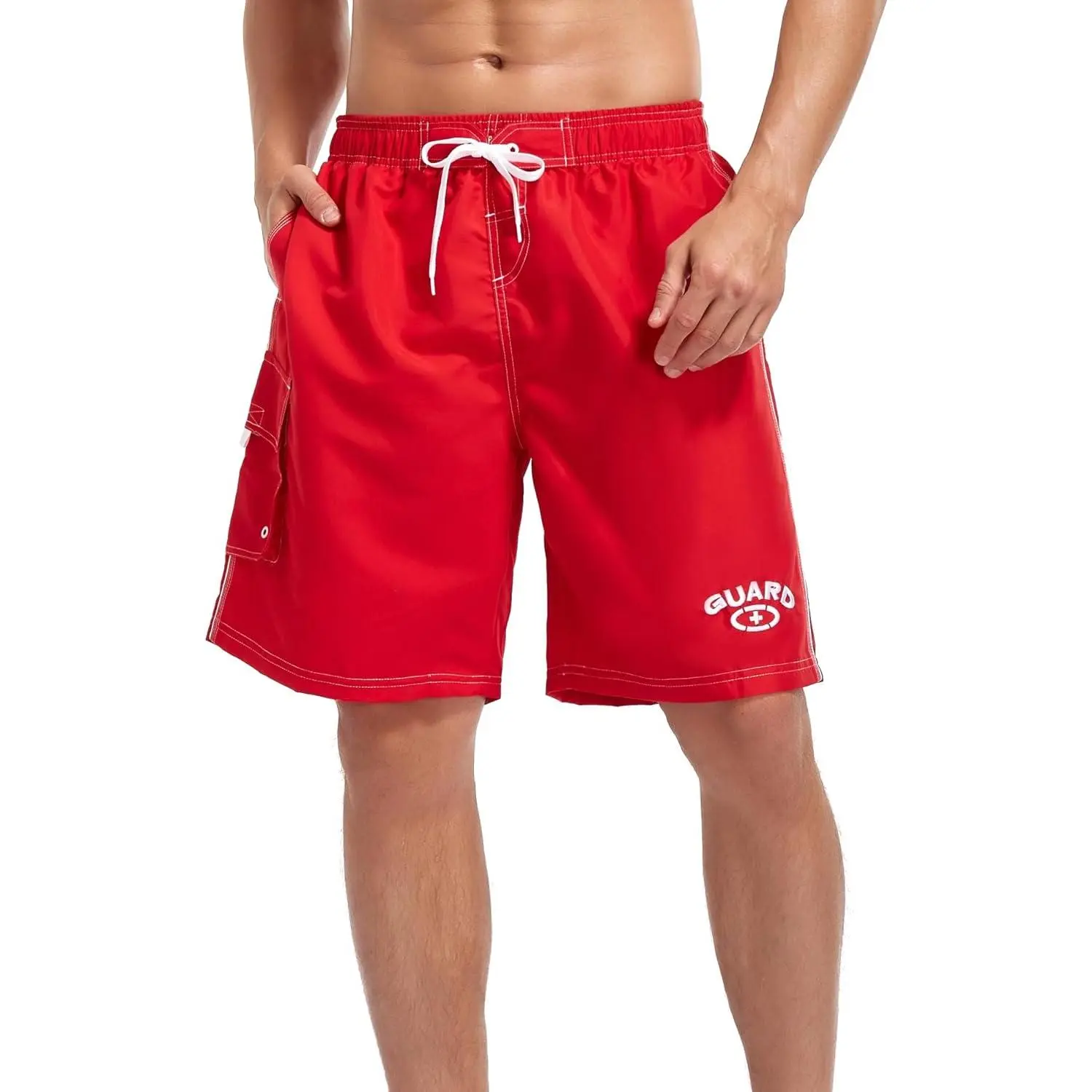 Male Lifeguard Board Shorts Swim Trunks with Mesh Liner, Elastic Waistband, Drawstring, and Pockets for Guard Uniform Swimwear, Large, Breathable