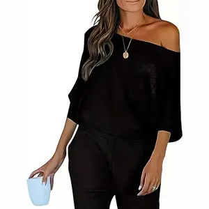 Women’s 2-Piece Off-Shoulder Ribbed Tracksuit Long-Sleeve Pullover Plus Size with Pockets for Spring Outfit