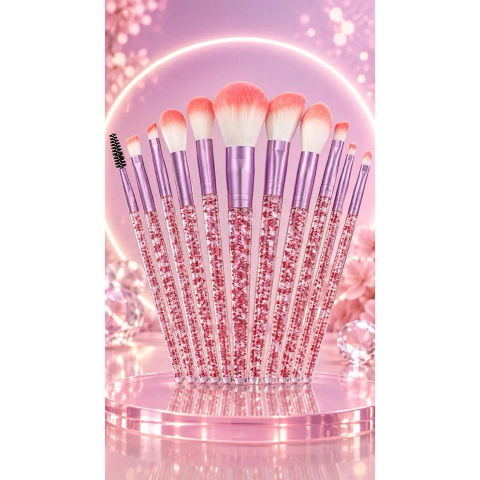 Glitter Handle Makeup Brush Set Pink Purple White Angled Flat Oval for Professional Application