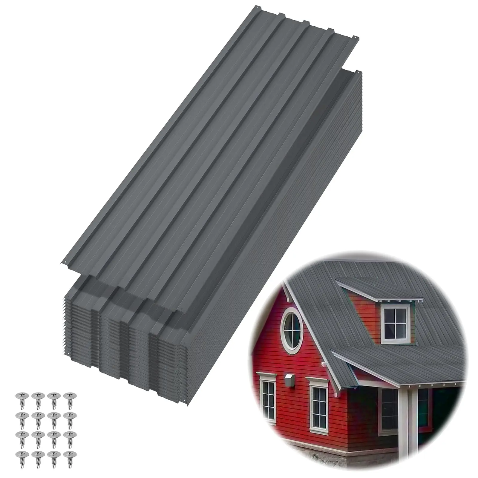 Garvee Metal Roofing Panels 20 Pcs Heavy Duty Galvanized Steel Corrugated Roof Sheets 60.63x16.77in, Waterproof, Durable, Easy to Install with Screws for Carports, Garages, Pergolas, Gray, Covering 141 ft²