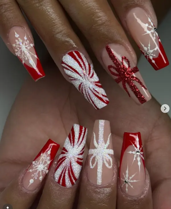 Red Peppermint Christmas Press On Nails, Glitter Snowflake Candy Cane Nails, Holiday French Tip Acrylic Fake Nail Set Gift for Her