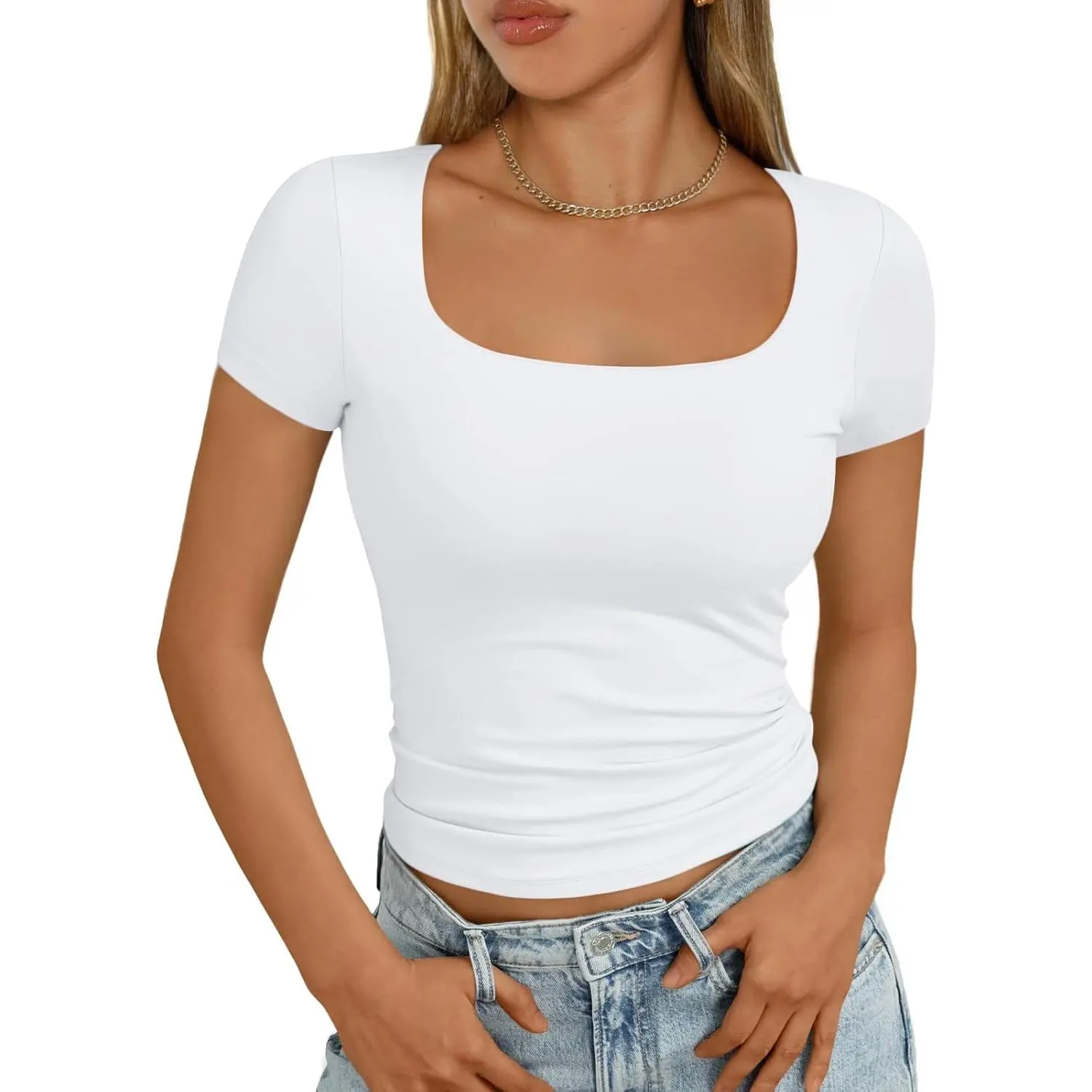 Womens Short Sleeve T Shirts Double Lined Square  Going Out Crop Tops Summer Cute Clothes Basics Tees