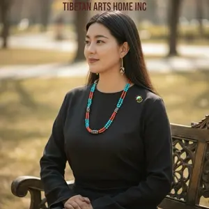 Tibetan Arts Home Inc Authentic American Turquoise Red Coral Necklace with Five Dzi Beads for women.