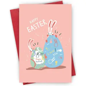Easter Egg Bunny Pattern Greeting Card, 1 Count Cartoon Happy Easter Card, Gift Card for Friend Family Teacher, Easter Gifts