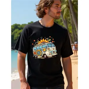 Vintage men's bus print short-sleeve T-shirt, comfortable and breathable casual shirt, perfect for everyday and party wear