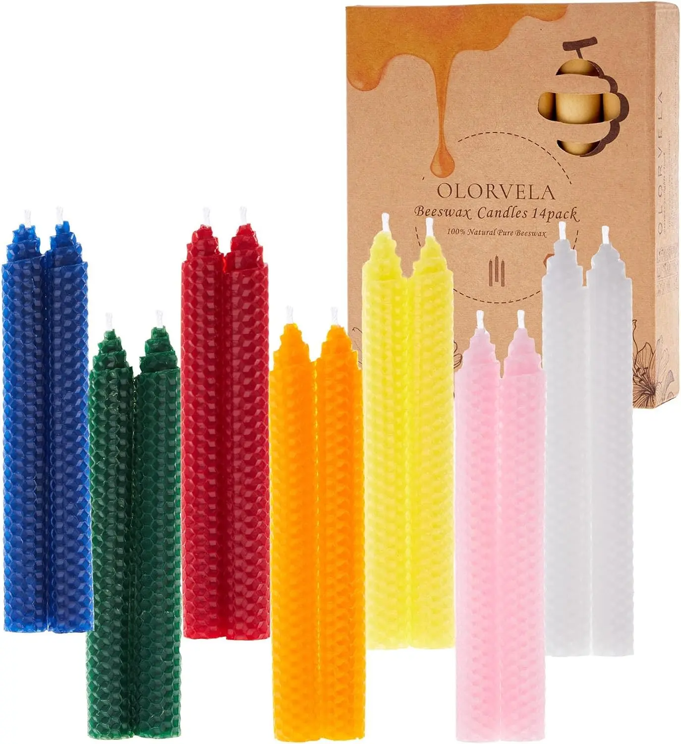14 Pack Hand-Rolled Beeswax Taper Candles,8 Inch 100% Pure Beeswax Candles Sticks,4-5 Hours Long Burning Dripless Colored Bees Wax Candle for Home Decor,Prayer,Christmas,Party