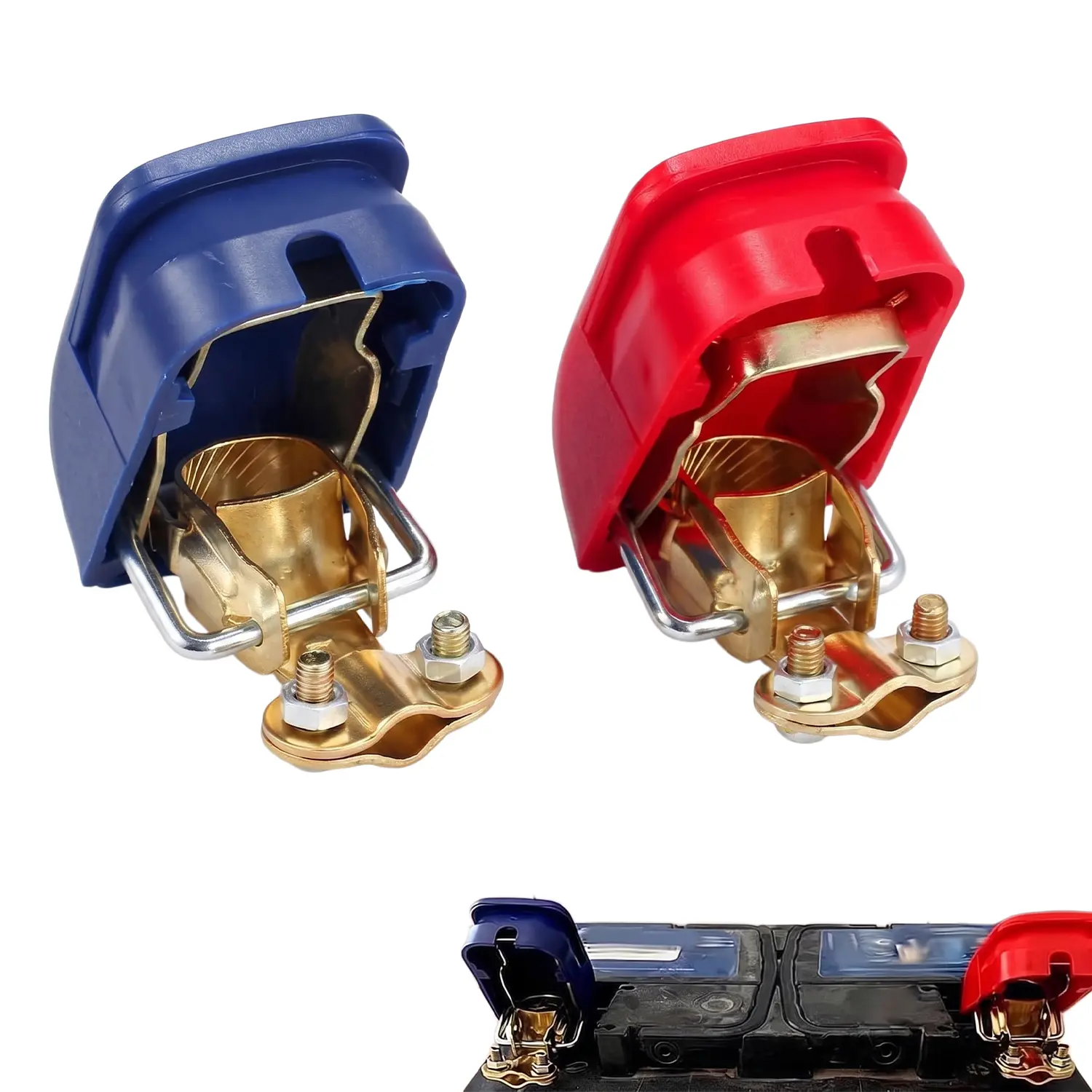 2 PCS Quick Release Brass Battery Terminal Connectors, Positive & Negative Top Post Battery Clamps with Red & Blue Covers, 12V/24V Quick Disconnect Cable Ends for Cars, Trucks, Vans, RVs and Motorhomes
