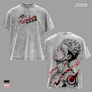 Ryomen Sukuna Vintage Washed Oversized T-Shirt – Jujutsu Kaisen King of Curses Double Sided Anime Graphic Tee, Heavyweight Cotton Dark Streetwear Gym Shirt Unisex JJK Season 3 Summer Fall Fan Gift